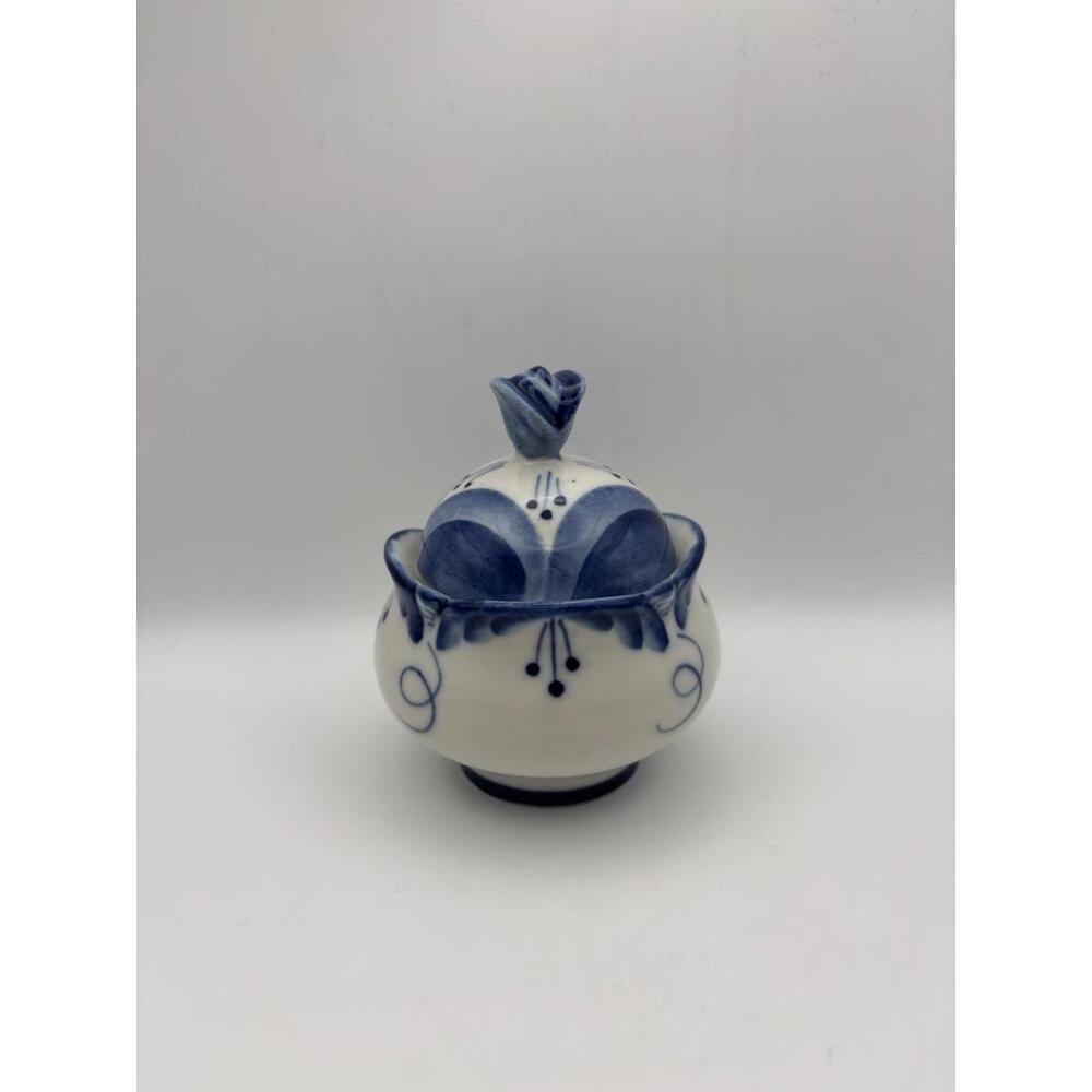Gzhel Porcelain Sugar Bowl w Lid USSR Hand Painted Blue White Russian Vintage